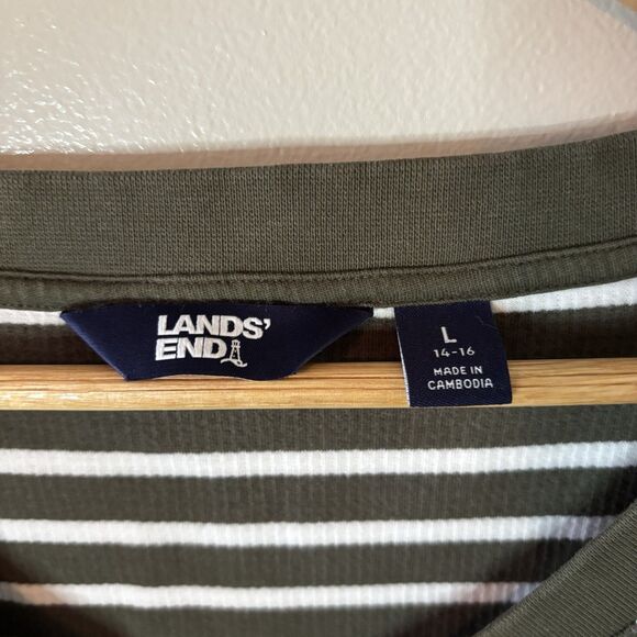 Lands End Womens Thermal Shirt Green White Stripe 3/4 Sleeve Pullover Top Large - Picture 4 of 9